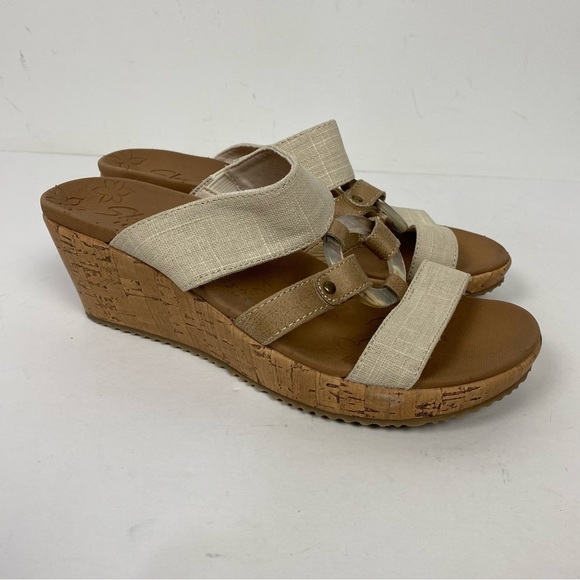 Skechers tan cream luxe foam open peep toe sandals wedges - Picture 1 of 7